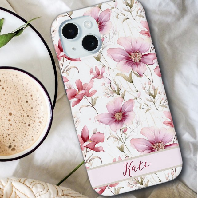 Elegant Pretty Custom Name |  Pink Wildflowers  Case-Mate iPhone Case (Creator Uploaded)