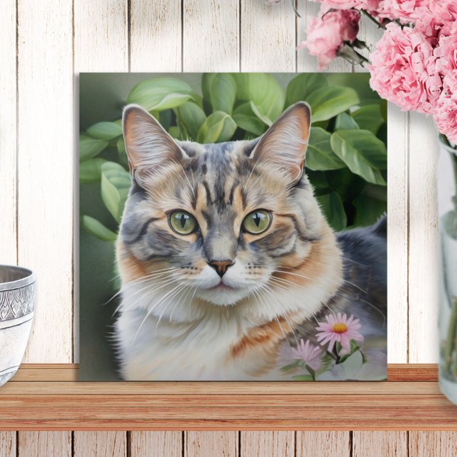 Elegant Pretty Dilute Tortoiseshell Cat In Garden  Ceramic Tile (A decorative ceramic wall tile with picture of a dilute tortoiseshell cat in a garden with flowers)
