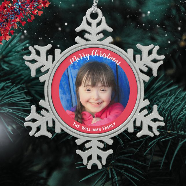 Elegant Pretty Festive Holiday Custom Photo Snowflake Pewter Christmas Ornament (A pretty ornament for the Christmas tree, to customize with a photo and name(s))