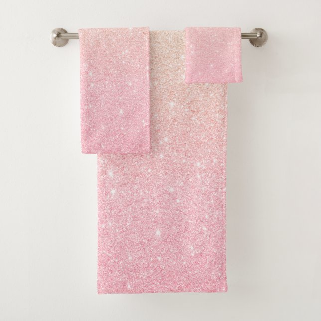 Elegant pretty girly gradient rose gold glitter bath towel set (Insitu)