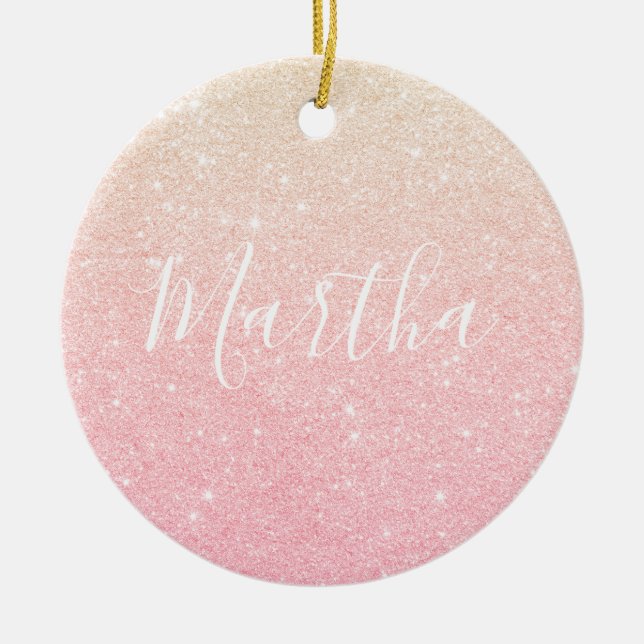 Elegant pretty girly gradient rose gold glitter ceramic ornament (Front)