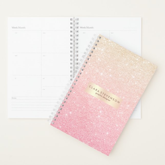 Elegant pretty girly gradient rose gold glitter planner (Display)