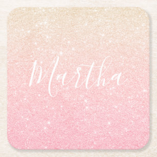 Elegant pretty girly gradient rose gold glitter square paper coaster