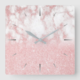 Elegant pretty gradient rose gold glitter marble square wall clock