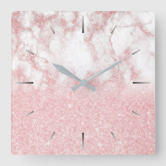 Elegant pretty gradient rose gold glitter marble square wall clock (Front)