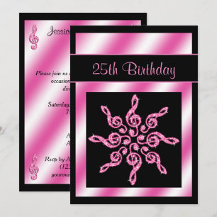 Elegant, Pretty Pink Circle Of Music 25th Birthday Invitation