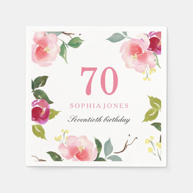 Elegant Pretty Pink Floral 70th Birthday Party Napkin (Front)