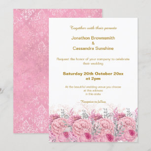 ELEGANT PRETTY PINK FLORAL DAMASK WEDDING INVITATION