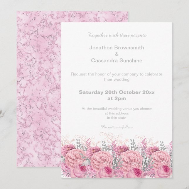 ELEGANT PRETTY PINK FLORAL MARBLE GLITTER WEDDING INVITATION (Front/Back)