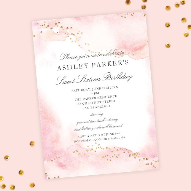 Elegant Pretty Pink Gold Glitter Sweet 16 Birthday Invitation (Creator Uploaded)