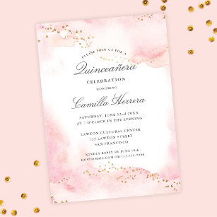 Elegant Pretty Pink Gold Quinceañera Birthday Invitation