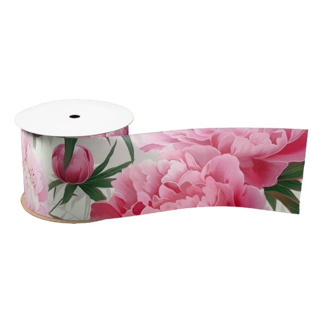 Elegant Pretty Pink Peonies Floral Holiday Satin Ribbon (Spool)