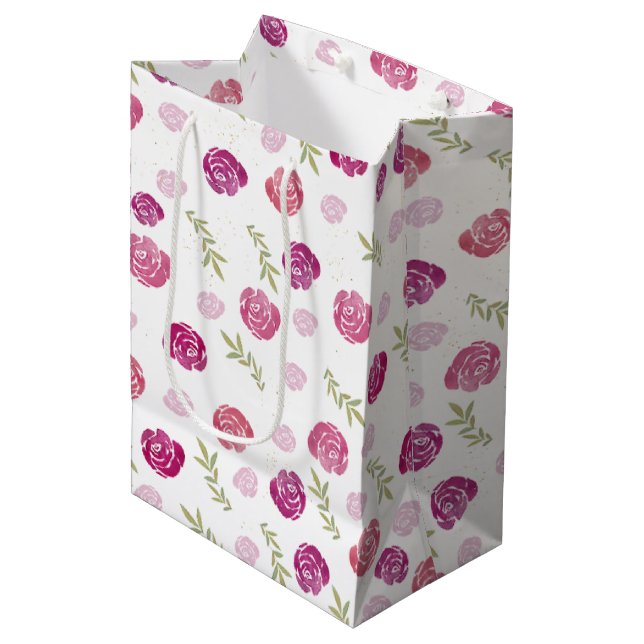 Elegant Pretty Pink & Purple Floral Roses Leaves Medium Gift Bag (Front Angled)