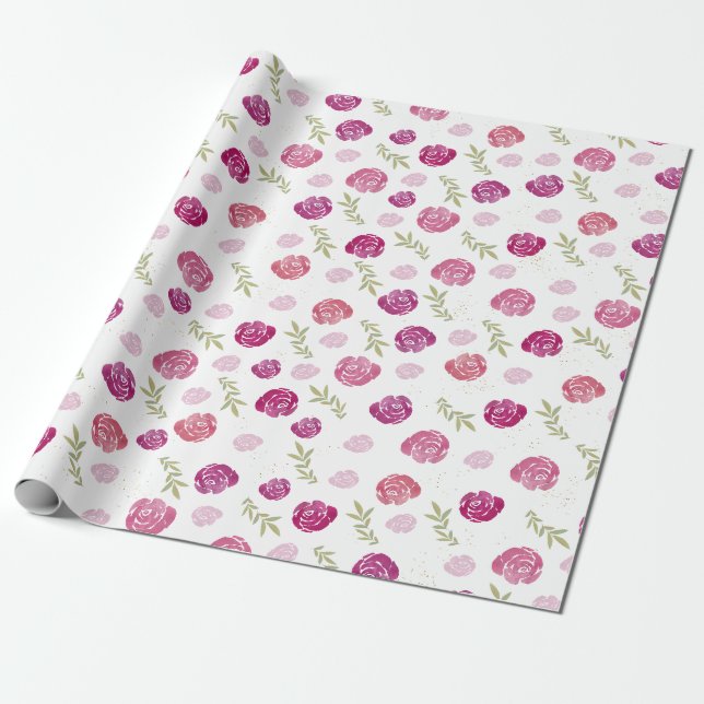 Elegant Pretty Pink & Purple Floral Roses Leaves Wrapping Paper (Unrolled)