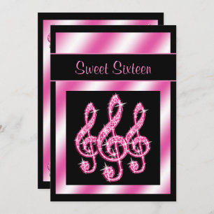 Elegant, Pretty Pink Treble Clefs Sweet 16 Invitation