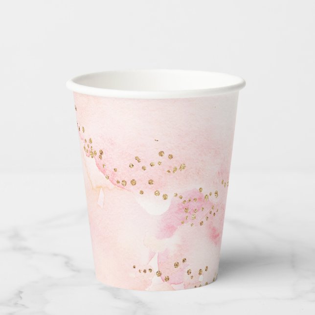 Elegant Pretty Pink Watercolor Gold Glitter Party Paper Cups (Front)