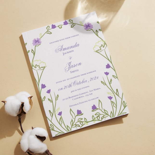 Elegant Pretty Purple Blue Floral Frame Wedding Invitation (Elegant Pretty Purple Blue Floral Frame Wedding Invitation)