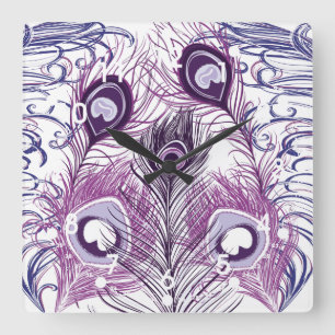 Elegant Pretty Purple Peacock Feathers Design Square Wall Clock