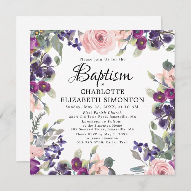 Elegant Pretty Purple Pink Floral Square Baptism Invitation (Front/Back)