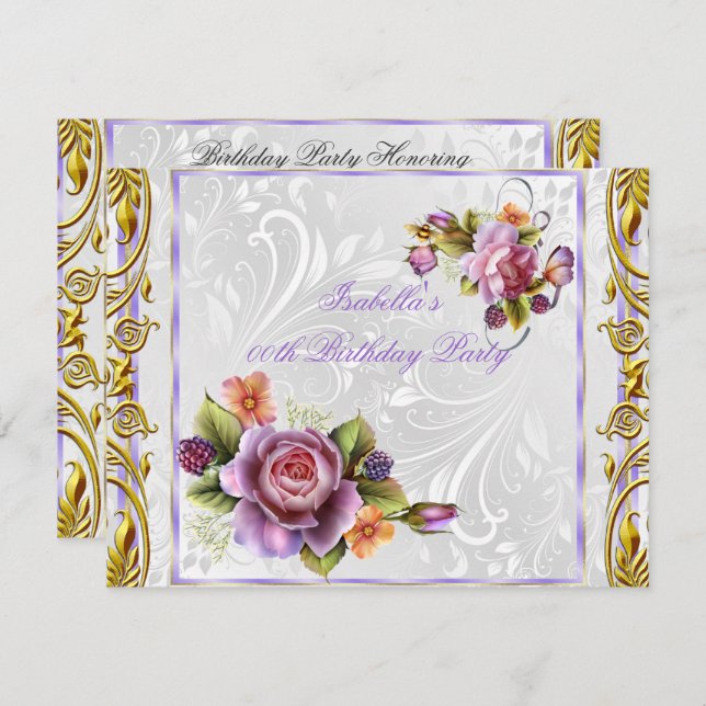 Elegant Pretty Purple Pink Rose White Birthday Invitation (Front/Back)