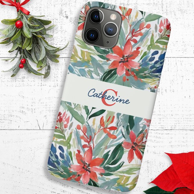 Elegant Pretty Red Poinsettia Flowers Monogrammed Case-Mate iPhone Case (A monogrammed phone case with illustration of red poinsettias and green leaves in a watercolor style)