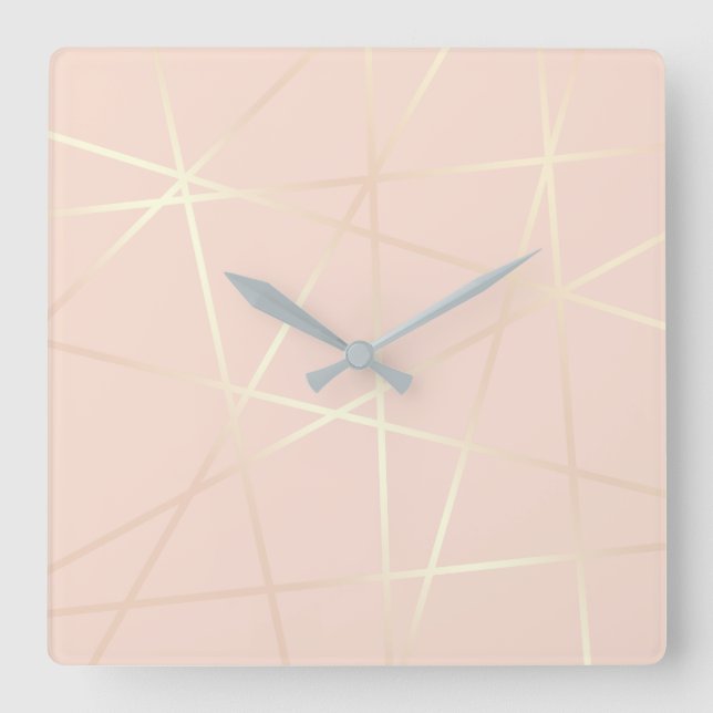 Elegant pretty rose gold & blush pink geometric square wall clock (Front)
