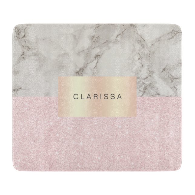 Elegant pretty rose gold glitter & white marble cutting board (Front)