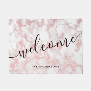 Elegant pretty rose gold glitter white marble doormat