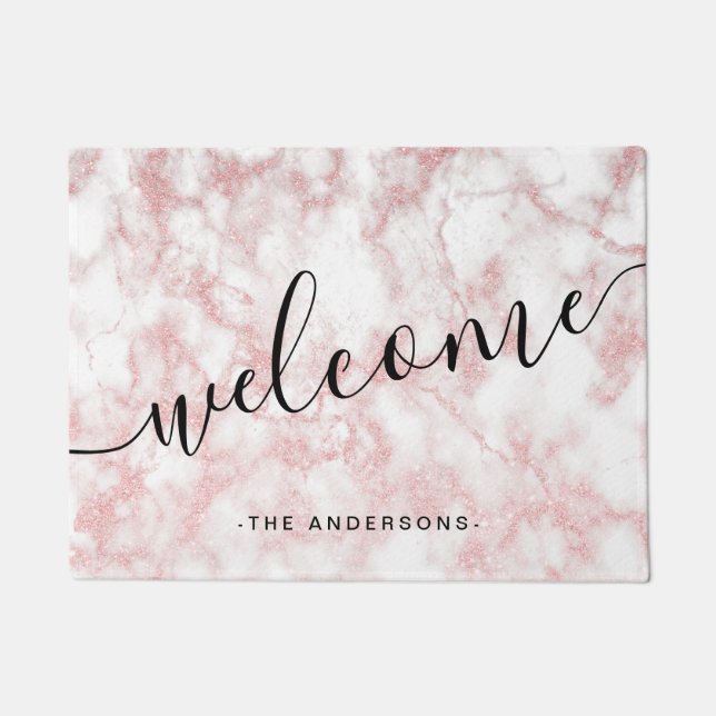 Elegant pretty rose gold glitter white marble doormat (Front)