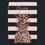 Elegant pretty rose gold pineapple & pink stripe iPad pro cover<br><div class="desc">Modern and cute faux rose gold pineapple,  blush pink and black stripe background.</div>
