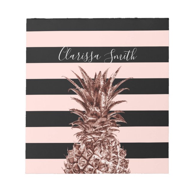 Elegant pretty rose gold pineapple & pink stripe notepad (Front)