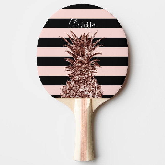 Elegant pretty rose gold pineapple & pink stripe ping pong paddle (Front)