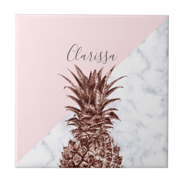 Elegant pretty rose gold pineapple white marble ceramic tile (Front)