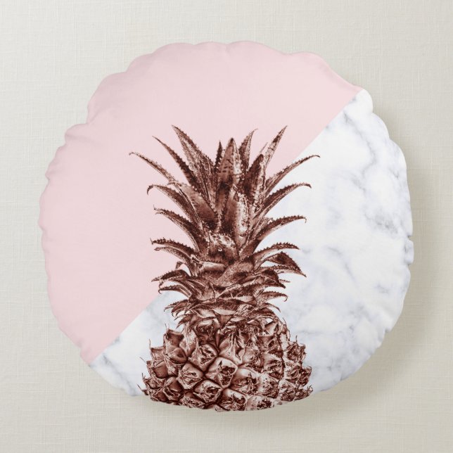 Elegant pretty rose gold pineapple white marble round cushion (Front)