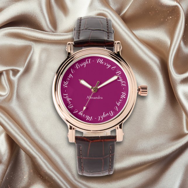 Elegant Pretty Stylish Chic Merry Christmas Watch (An elegant watch with magenta face and 'Merry & Bright' caption around the edge)