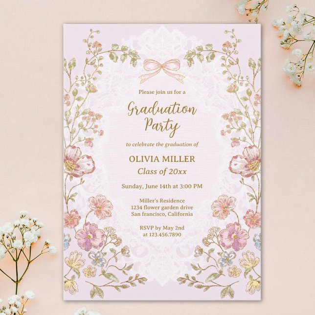 Elegant Pretty Vintage Floral Graduation Party Invitation (Creator Uploaded)