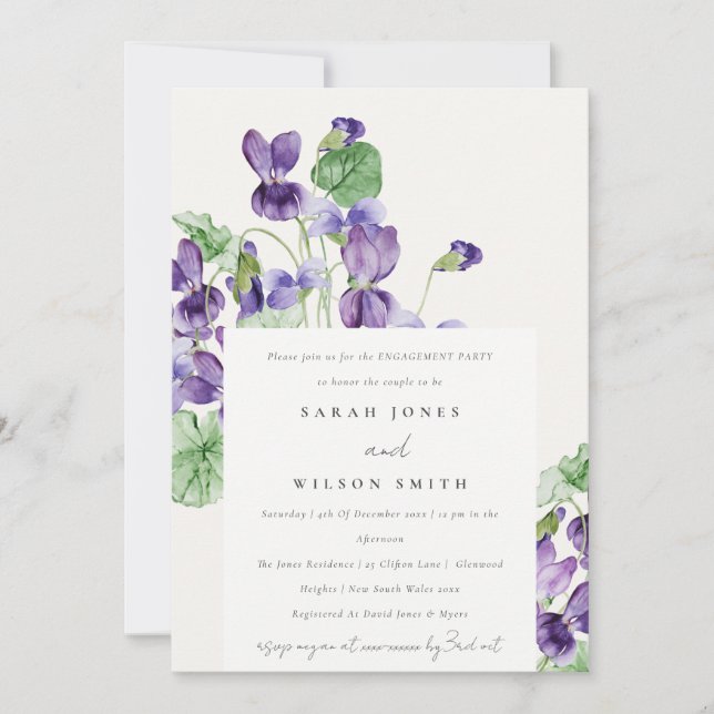 Elegant Pretty Watercolor Violet Floral Engagement Invitation (Front)