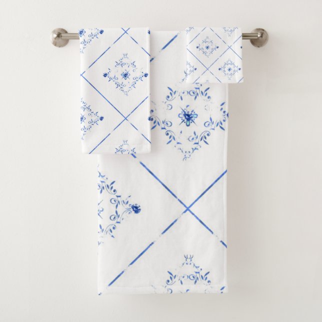 ELEGANT & PRETTY WHITE BLUE BATHROOM TOWEL SET (Insitu)