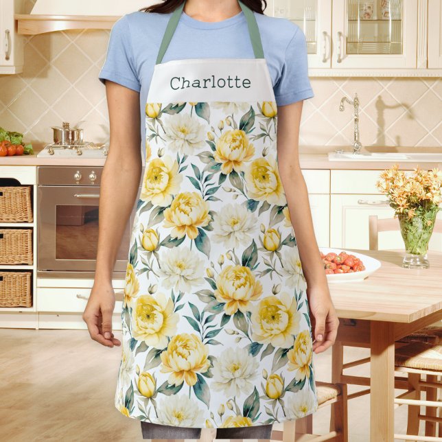 Elegant Pretty Yellow and White Floral Apron (A personalized kitchen apron, patterned with yellow and white peony and chrysanthemum flowers)