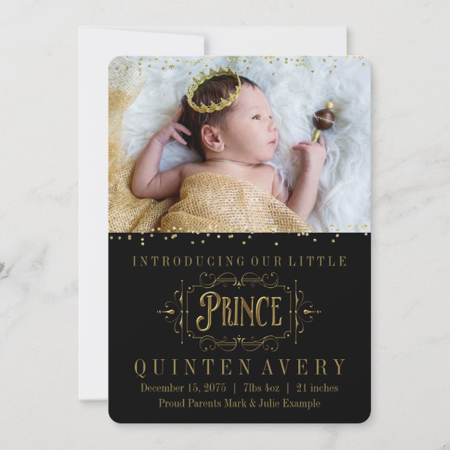 Elegant Prince Gold Confetti Birth Announcements (Front)