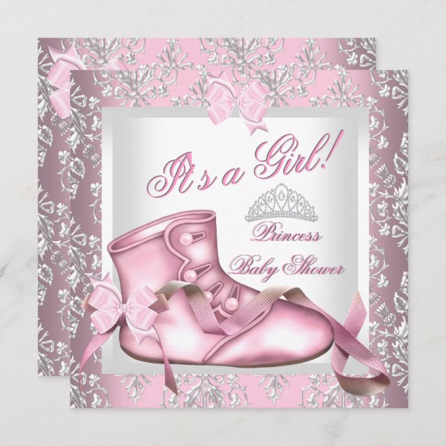 Elegant Princess Baby Shower Girl Pink Damask 4E Invitation (Front/Back)