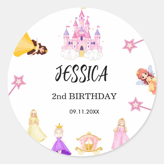 Elegant Princess Birthday Celebration Classic Round Sticker (Front)