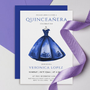 Elegant Princess Blue Dress Quinceañera Watercolor Invitation