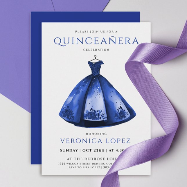 Elegant Princess Blue Dress Quinceañera Watercolor Invitation (Creator Uploaded)