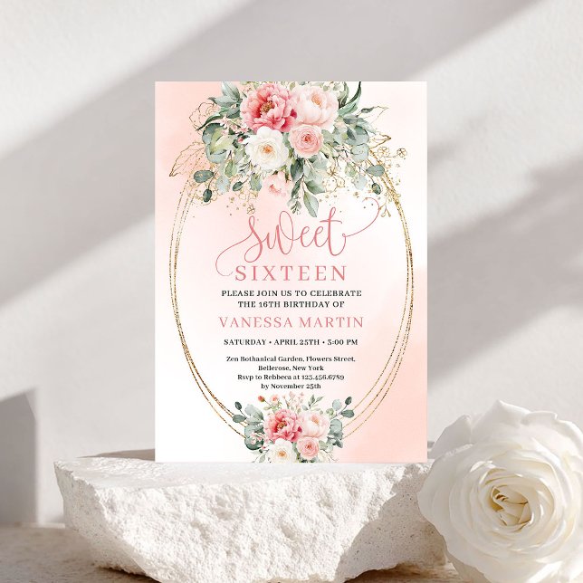 Elegant Princess Blush Floral Sweet Sixteen Invite (Elegant Princess Blush Floral Sweet Sixteen Invite)