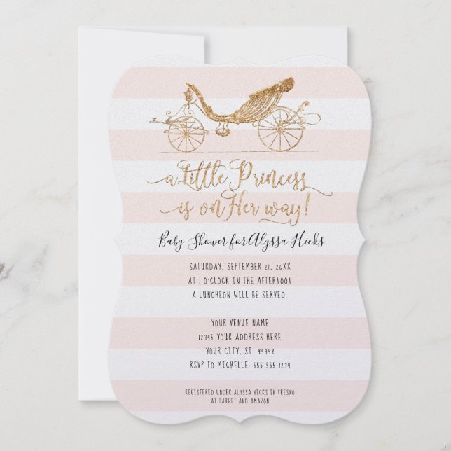 Elegant Princess Carriage Gold Baby Girl Shower Invitation (Front)