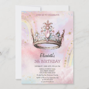 Elegant Princess Crown Castle Rainbow Birthday Invitation