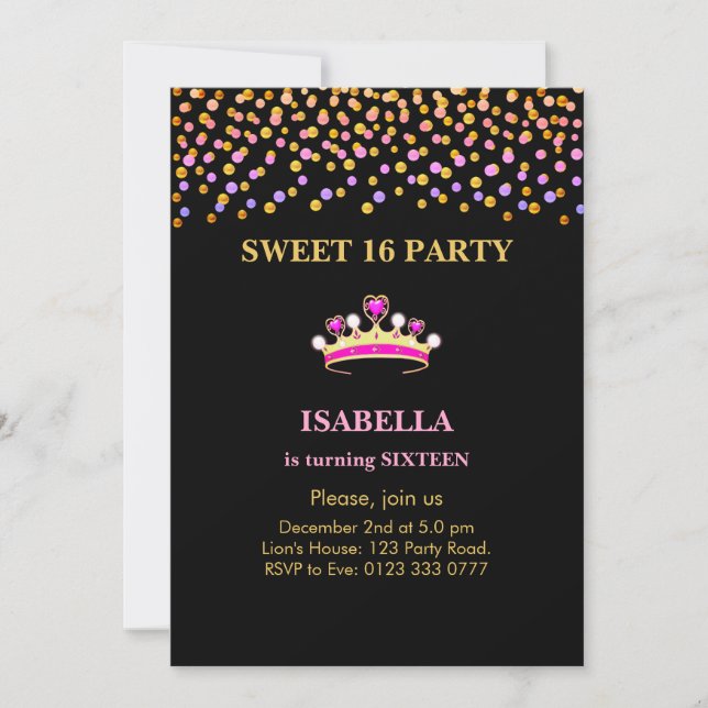 Elegant Princess Crown Sweet 16 on Black Invitation (Front)