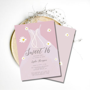 Elegant Princess Dress Pink White Daisies Sweet 16 Invitation