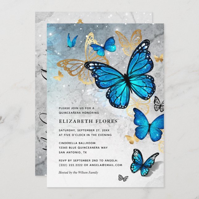 Elegant Princess Gold Blue Butterfly Quinceanera Invitation (Front/Back)